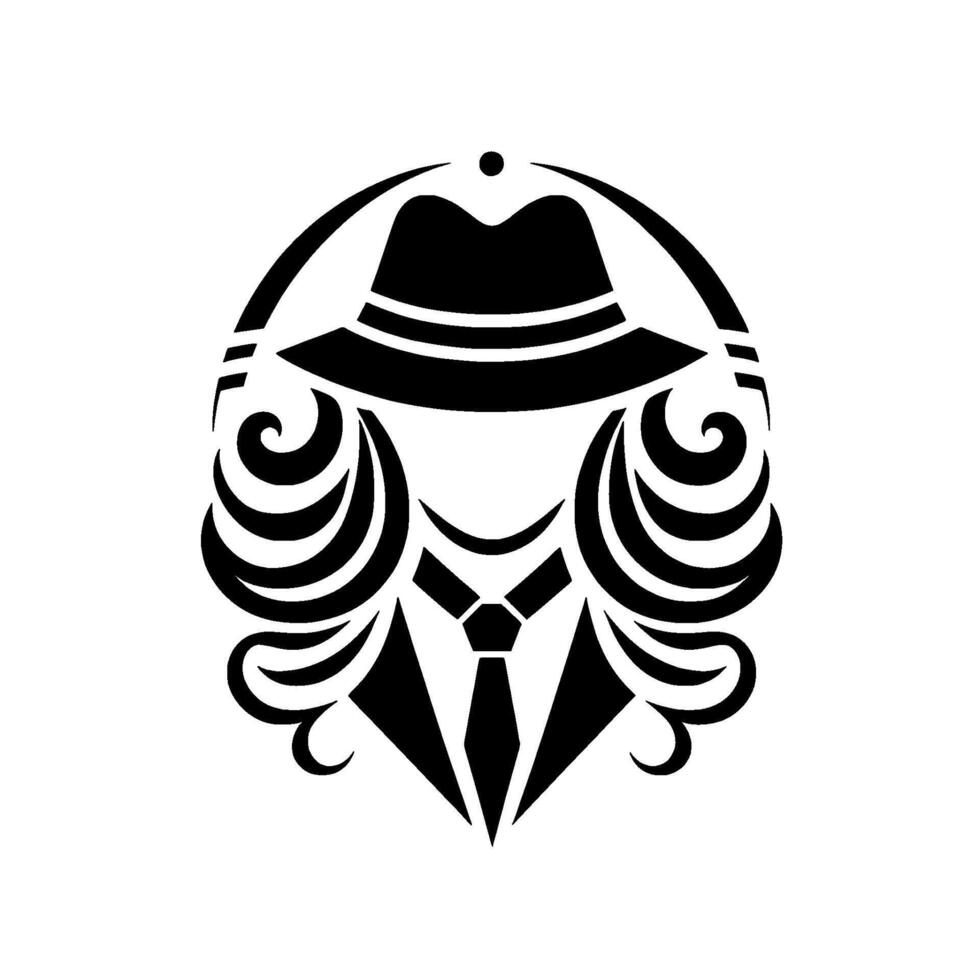 A stylized black and white illustration of a person wearing a fedora, surrounded by swirling, ornamental elements, creating a visually striking image. vector