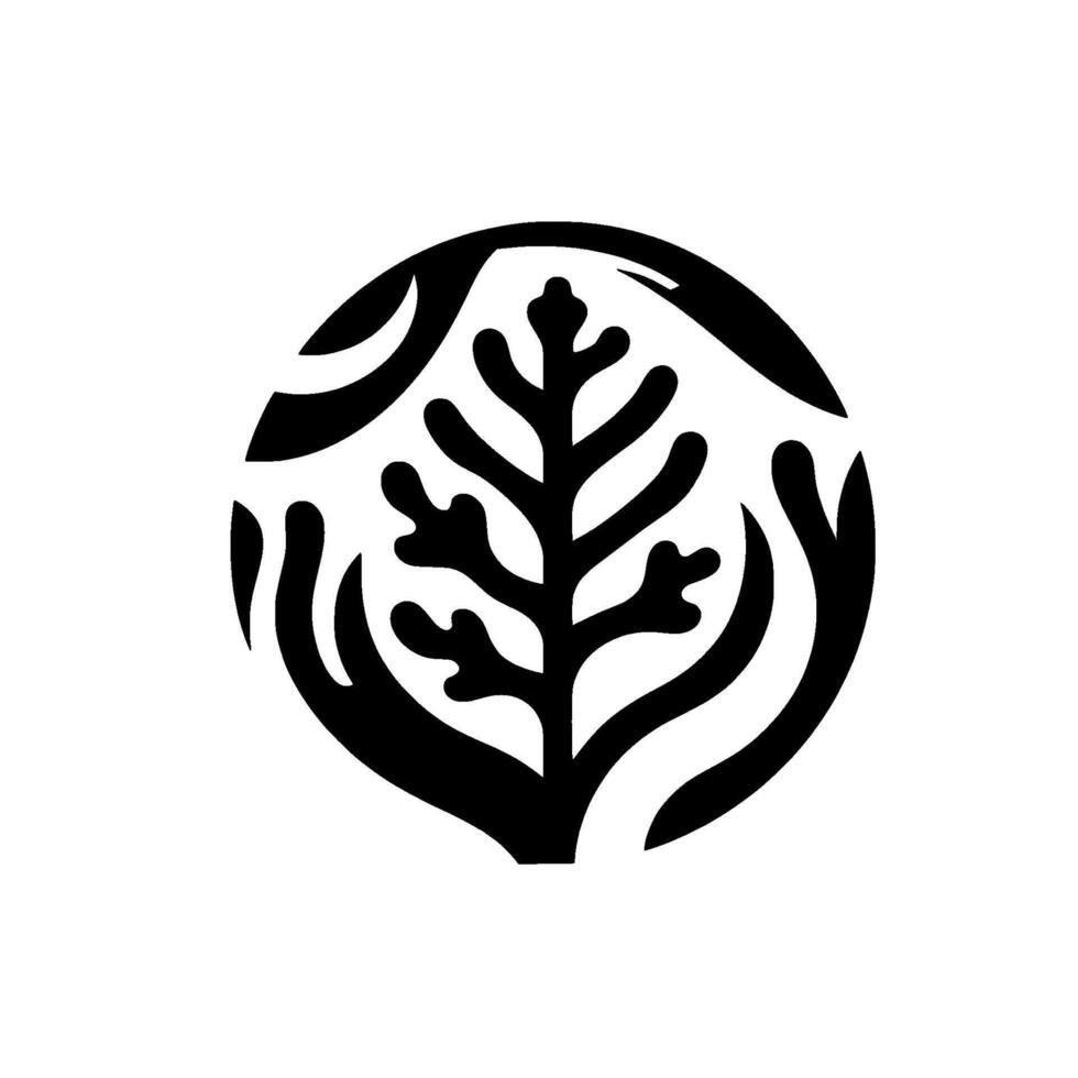 Abstract black and white botanical illustration a stylized treelike form encased within a circle, accented by organic, curved elements, evokes a sense of harmony. vector