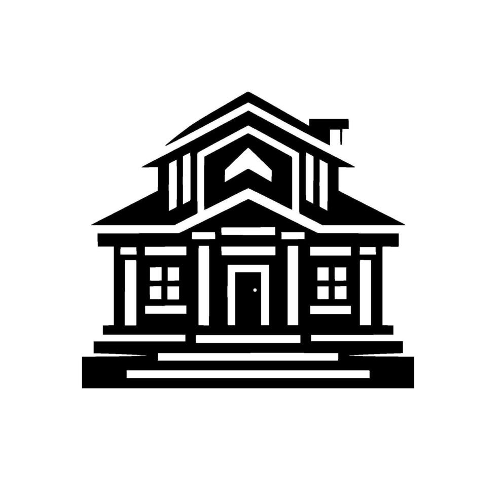 Monochromatic architectural illustration stylized twostory house with symmetrical design, minimalist aesthetic, black and white graphic, focused facade. vector