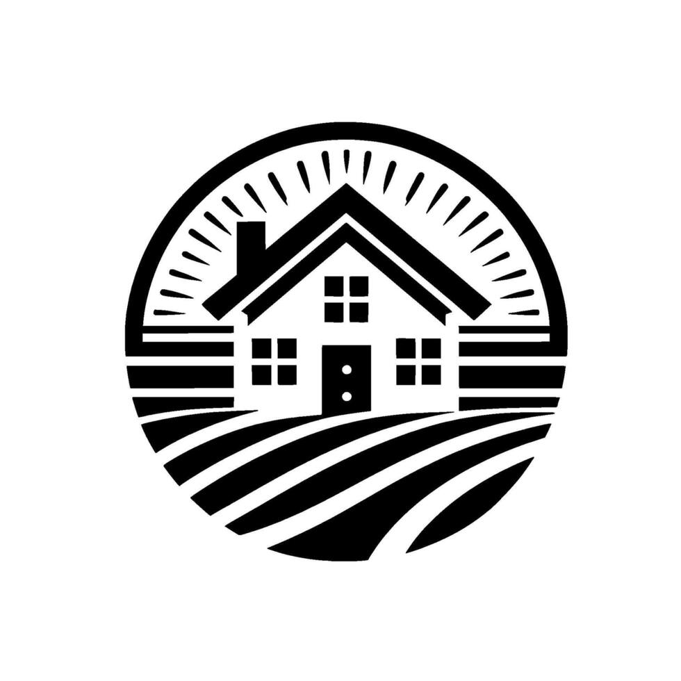 A stylized monochrome featuring a house with radiating lines, encircled by a circular design, and the suggestion of rolling fields below. vector