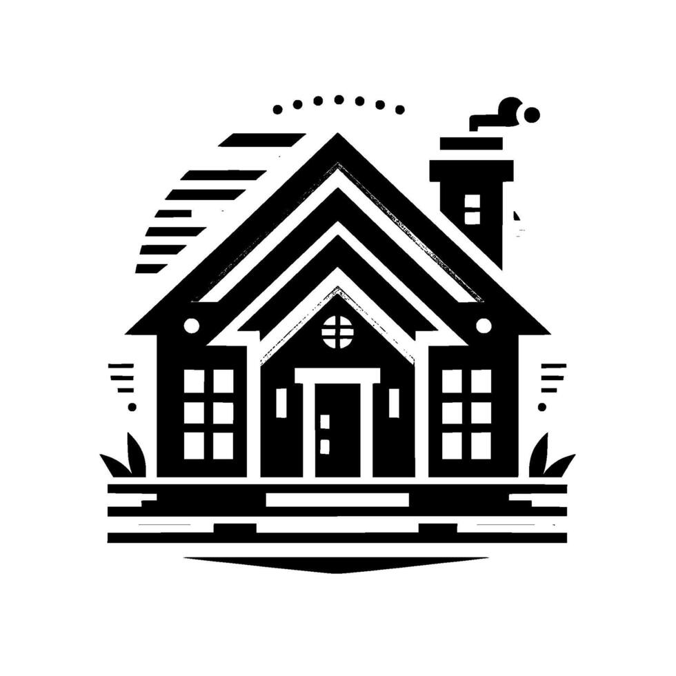Minimalist black and white illustration of a geometric house with chimney, windows, and decorative elements, on a clean white background. vector