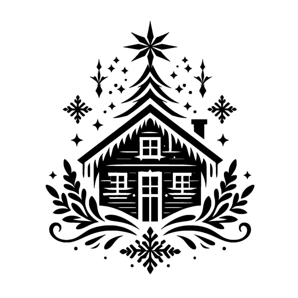 Intricate black and white winter scene cozy cabin with starry tree, snowflake, and ornamental foliage. vector