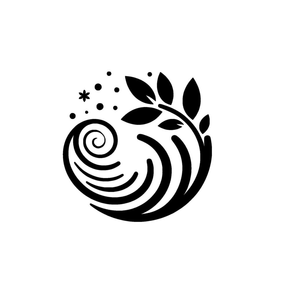 A minimalist black and white depicting a stylized tree branch and swirling abstract elements on a pure white background. vector