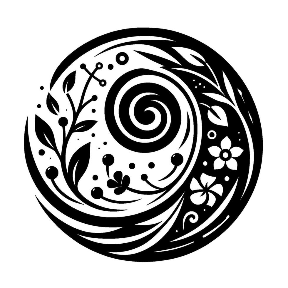 Intricate black and white circular floral featuring a central spiral, stylized leaves, berries, and flower elements, reminiscent of celtic art. vector