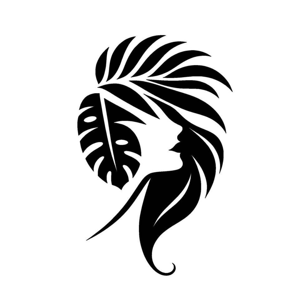 Silhouette of a womans profile embellished with lush monstera and palm foliage in a modern, minimalist style, set against a pristine white backdrop. vector