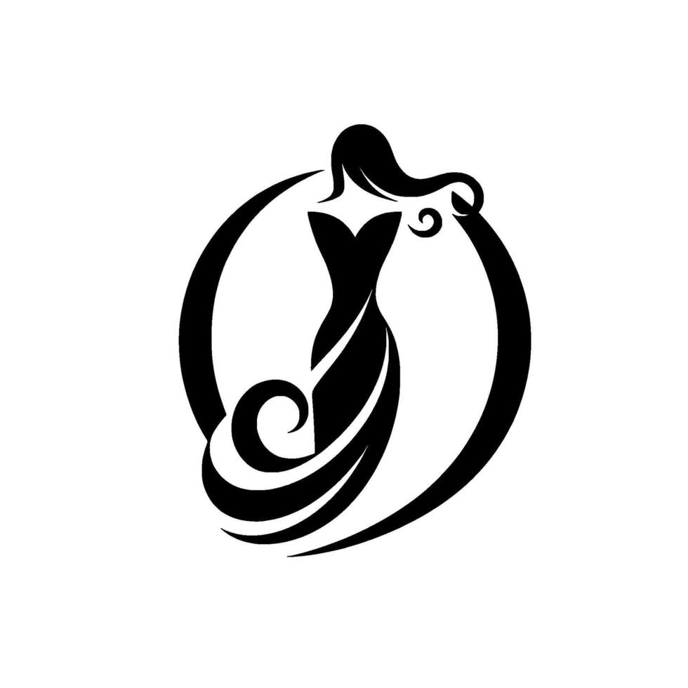 Elegant silhouette a black and white featuring a woman in a flowing dress encircled by an artistic loop, representing fashion and grace. vector