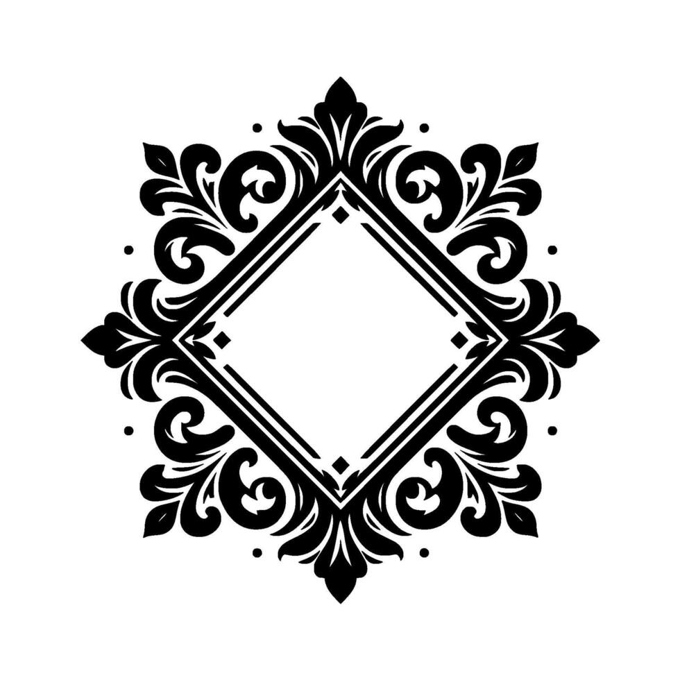 Intricate black and white ornament a symmetrical floral frame centering a diamond shape with decorative swirls and dot accents on a white background. vector