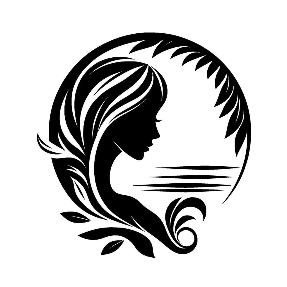 Silhouette of a woman in profile within a circle, framed by leaves and ocean lines, creating a serene, minimalist in black and white. vector