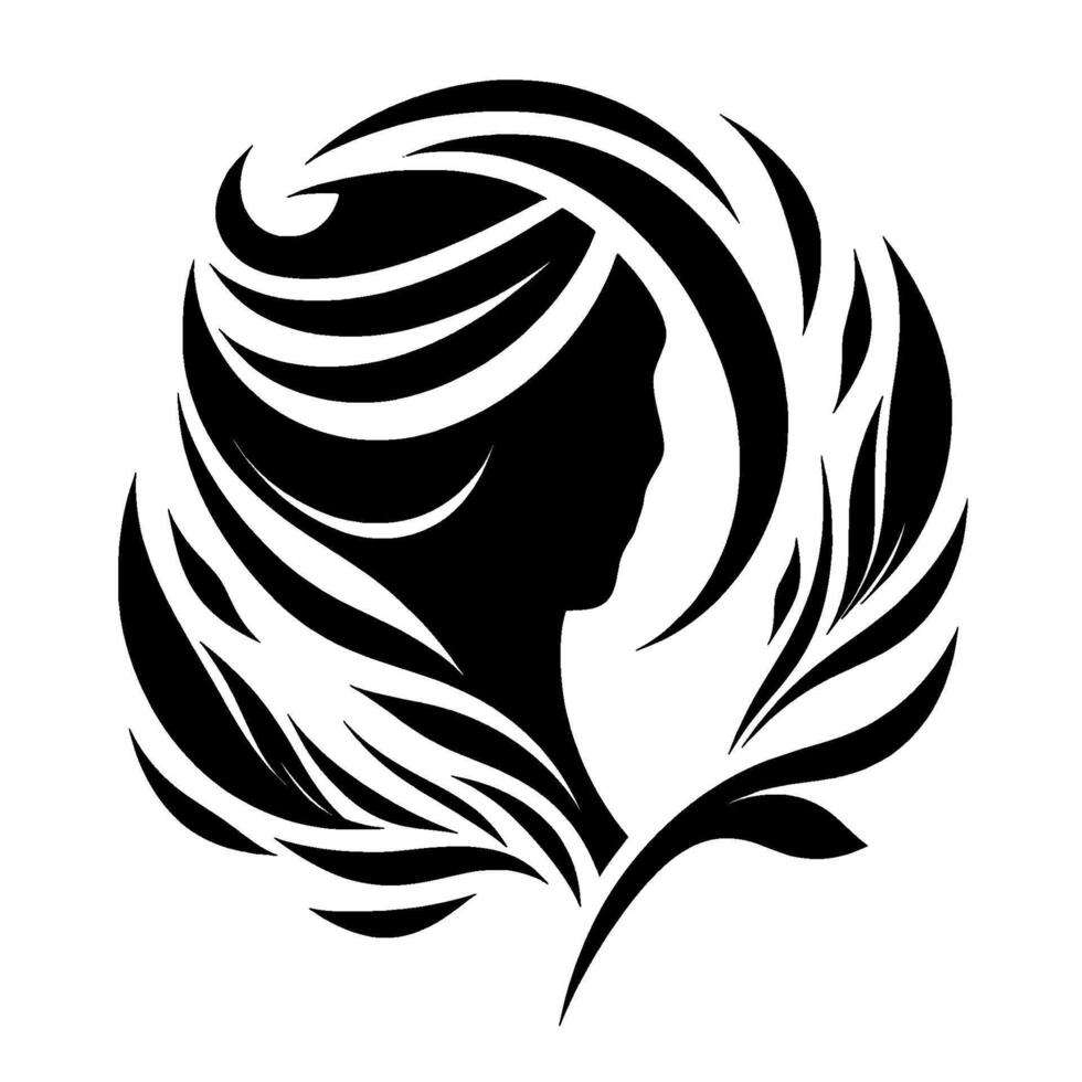 Silhouette of a womans profile, framed by flowing hair and stylized leaves, set against a clean white backdrop, creating a sense of elegance. vector