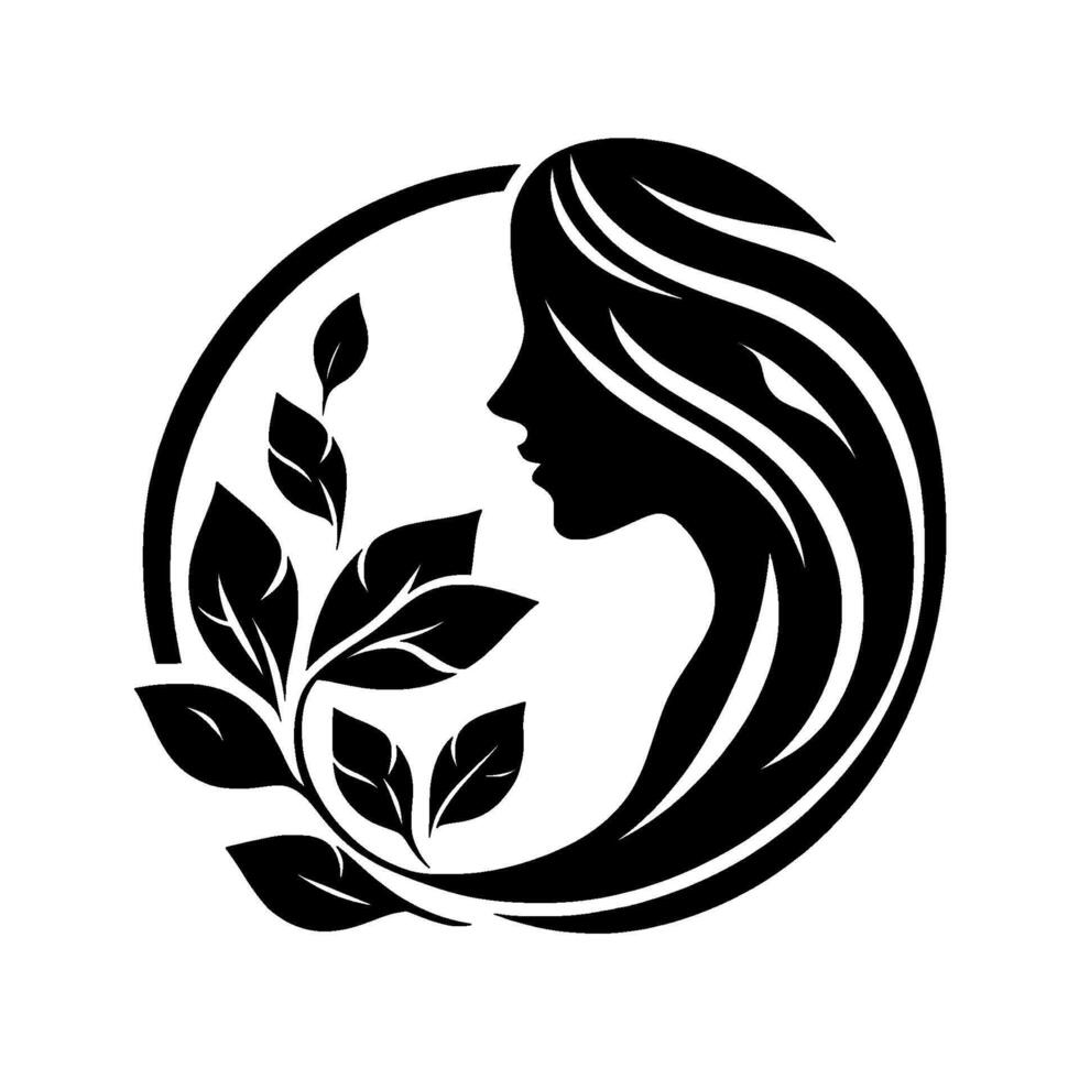 Elegant silhouette a graceful black and white illustration of a womans profile intertwined with flourishing leaves within a circular frame, exuding natural beauty. vector