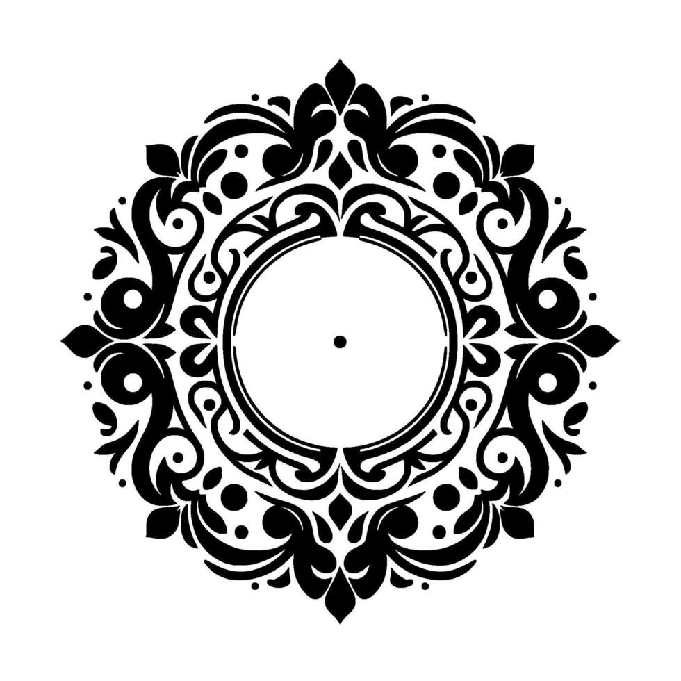 An ornate, symmetrical black and white floral circular design, with a central empty circle surrounded by intricate patterns, leaves, dots, and flourishes, creating a visually captivating and elegant o vector