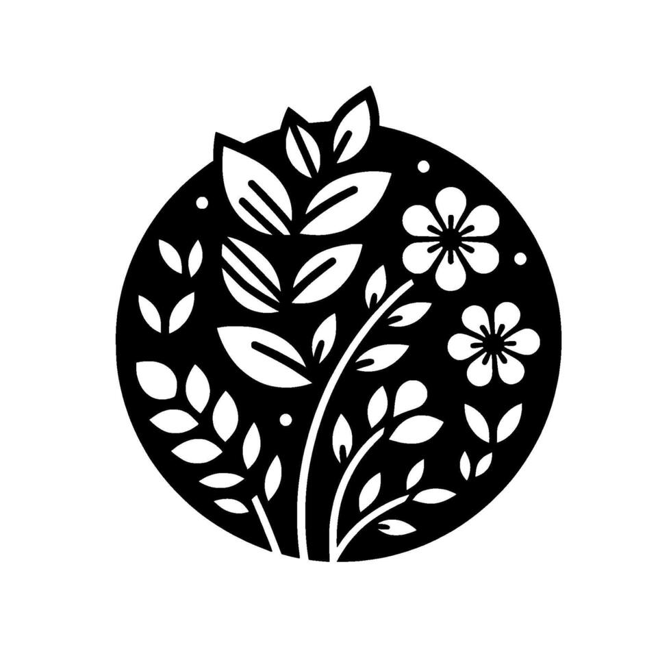 Stylized floral emblem a monochromatic depicting a circular arrangement of white leaves and flowers against a black backdrop. vector