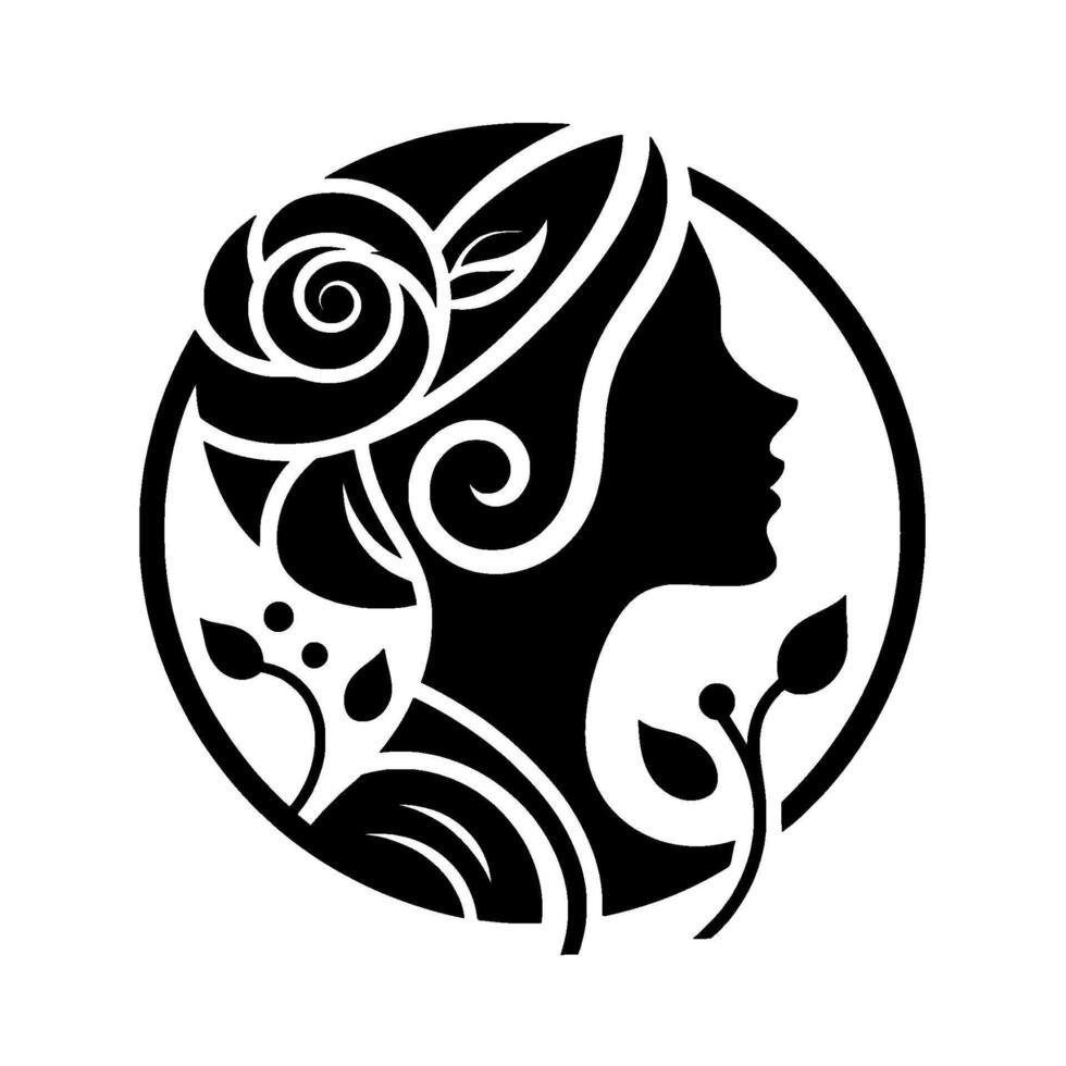 Elegant silhouette of a woman adorned with floral elements, within a circle, exuding grace and beauty. vector