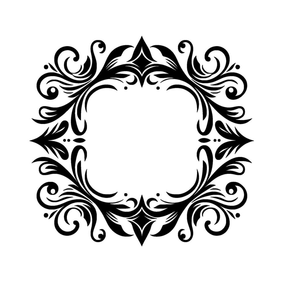 An ornate, symmetrical black floral border with flowing lines and intricate details, surrounding a negative space square on a white background. vector