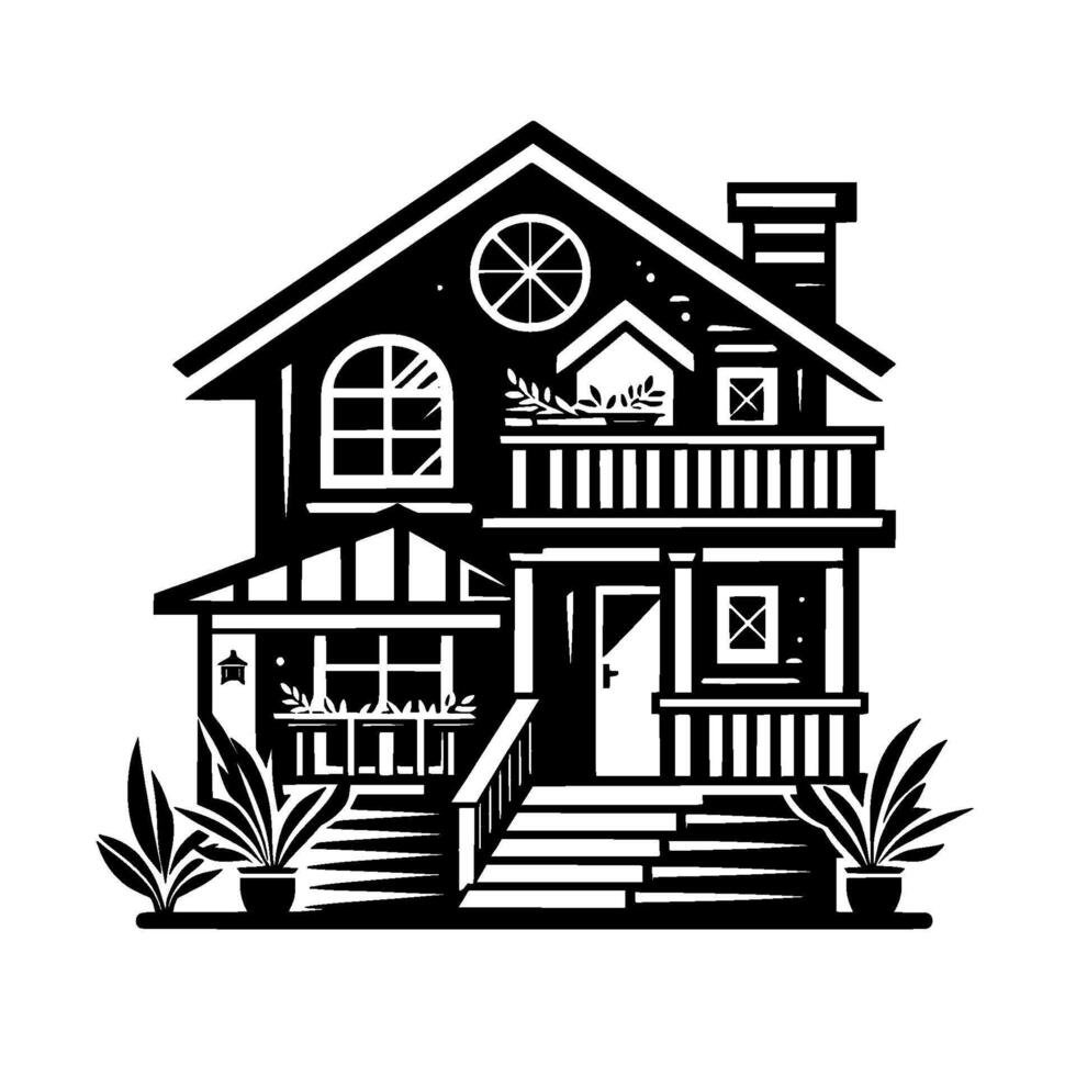 Vectorstyle illustration of a charming twostory house with a welcoming porch, detailed windows, and potted plants, presented in a striking black and white contrast. vector