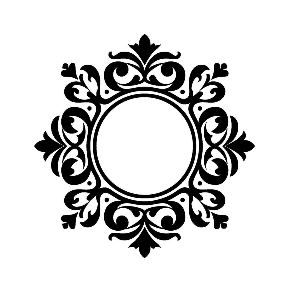 An ornate, symmetrical black and white floral frame, centered on a blank white background, ideal for or decorative accents. vector