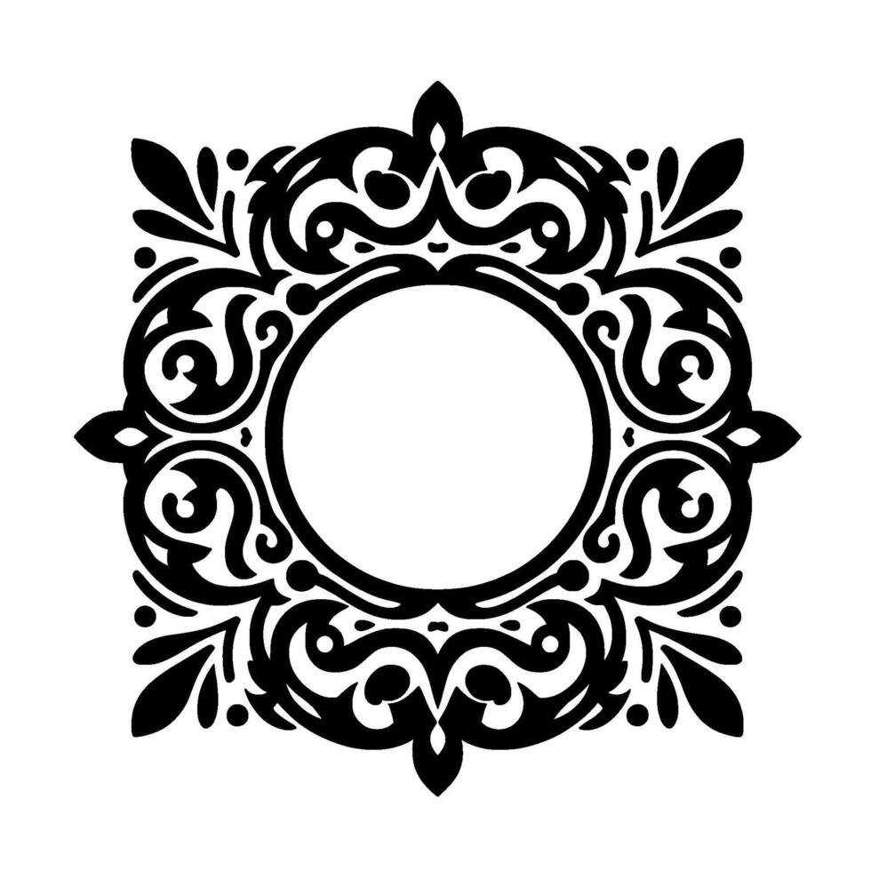 Intricate black and white ornamental frame with a central circle, featuring swirls, leafy details, and dots, perfect for design. vector