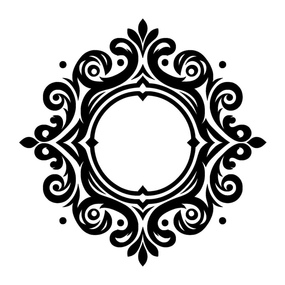Symmetrical black and white decorative frame with swirls, dots and circular center for text or elements, in a clean and elegant composition. vector