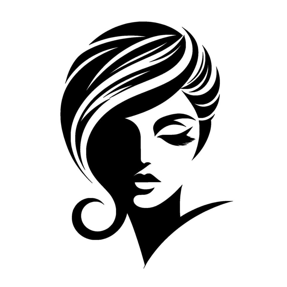 Elegant black and white silhouette of a woman with short, stylish hair, a closed eye, and a modern, sophisticated aesthetic, on a plain white background. vector