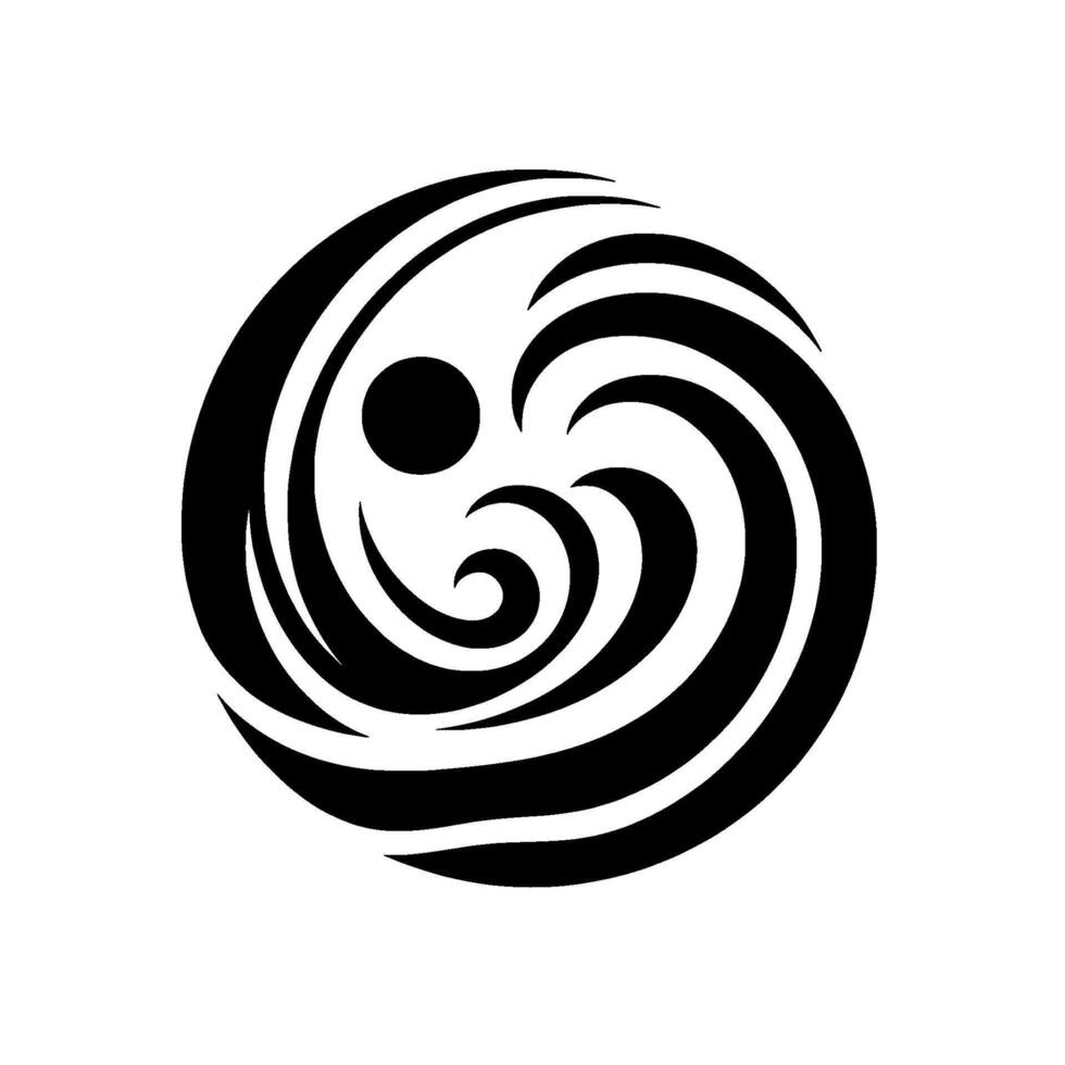 A minimalist monochrome circular with flowing, curved elements, a central dot, and a dynamic, swirling composition evoking movement. vector