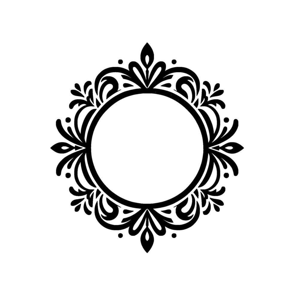 Ornate black and white circular frame, featuring detailed floral and leafy embellishments, perfect for invitations and designs vector