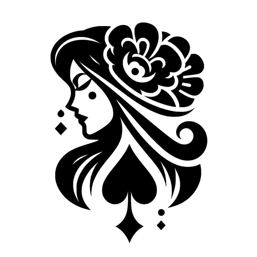 Elegant silhouette a womans profile adorned with a flower, a stylized spade framing the design, creating a striking, symmetrical composition. vector