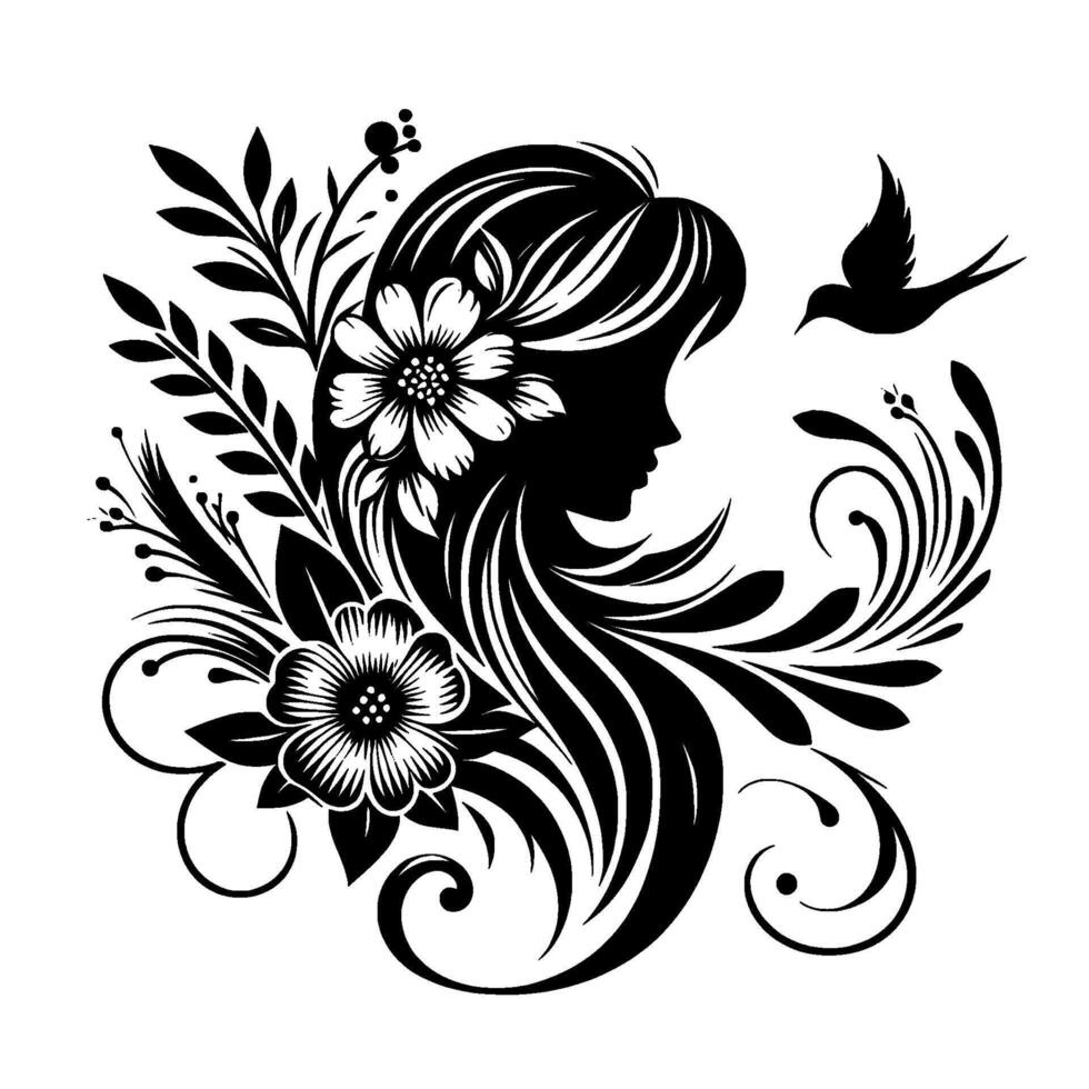 Elegant silhouette of a woman with flowing hair adorned with floral embellishments and a flying bird in a black and white illustration. vector