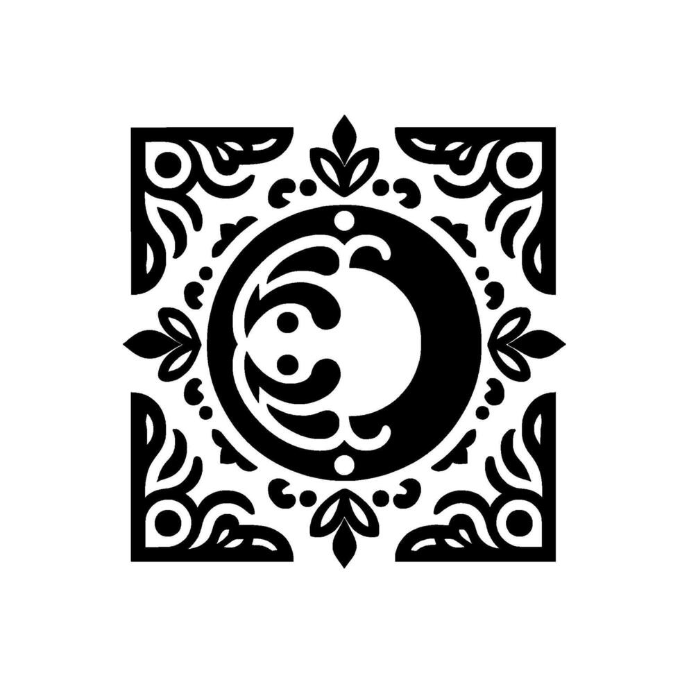 Intricate black and white decorative ornament circular core with abstract swirls, floral elements, and geometric border in clean, modern design. vector