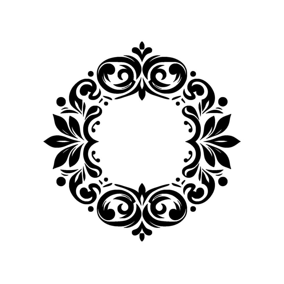 Ornate black and white circular floral frame featuring detailed swirls, leaves, and decorative elements on a clean white background. vector