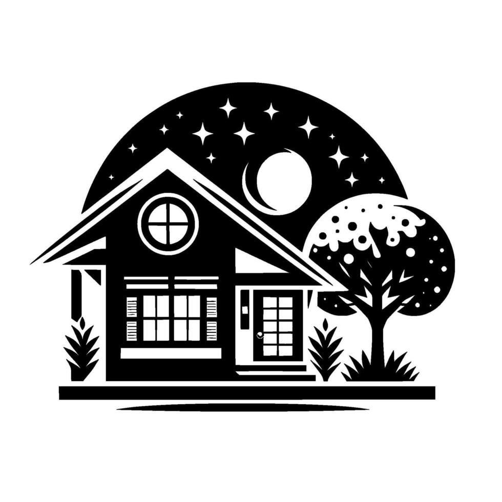 A serene, black and white illustration depicts a cozy house under a starry night sky, with a tree. vector
