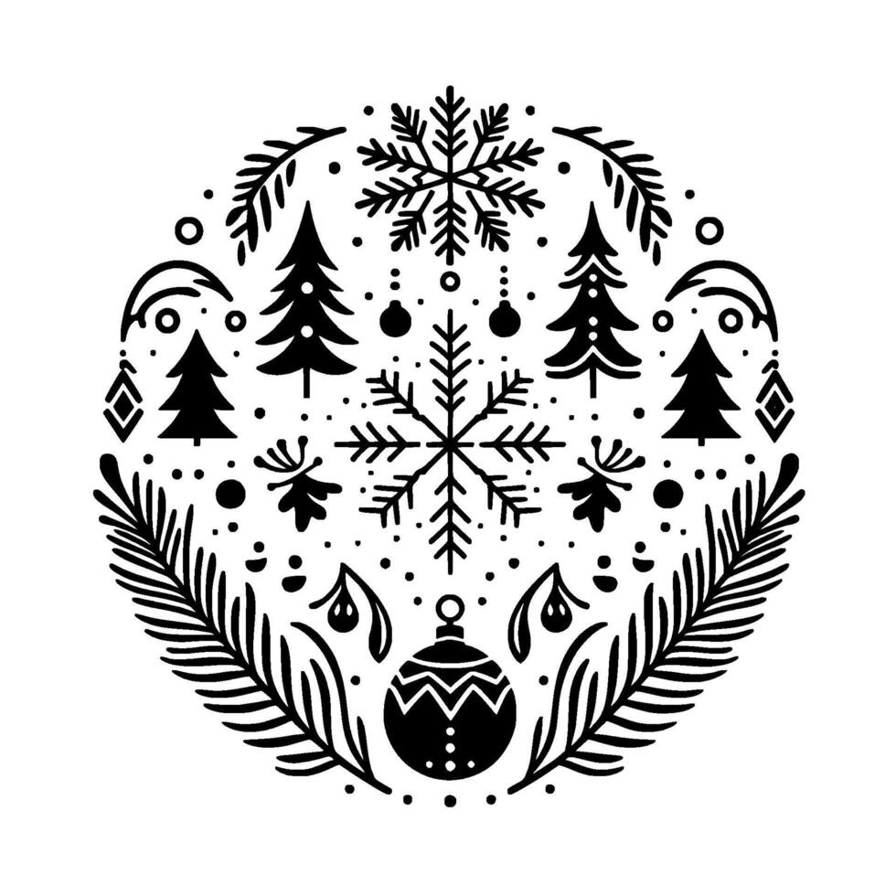 Intricate black and white christmas ornament featuring snowflakes, fir trees, baubles, and foliage in a circular arrangement. vector