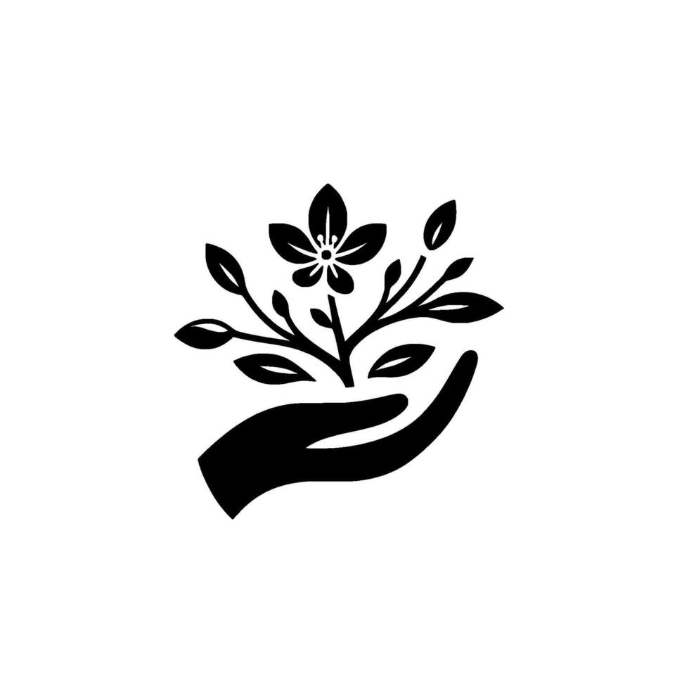 A stylized black and white depicts a nurturing hand cradling a blossoming plant, symbolizing growth and care within a circular frame. vector