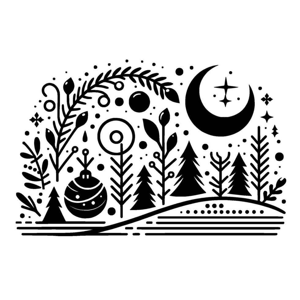 A monochrome winter night scene stylized trees, ornaments, crescent moon, and stars in a minimalist christmasthemed illustration. vector