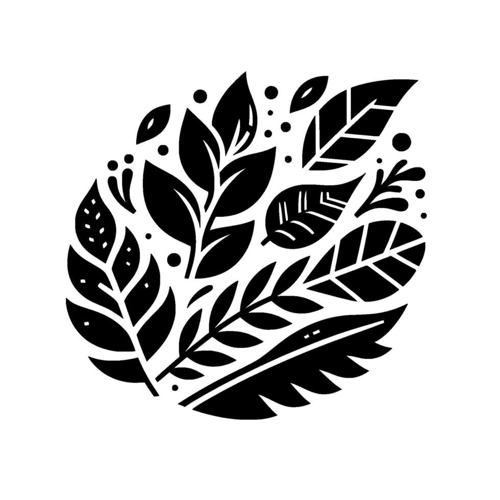 A stylized, blackandwhite illustration of a cluster of various leaves and organic shapes, resembling a cohesive, botanical droplet. vector