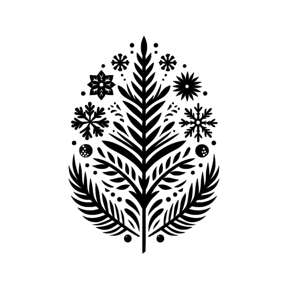 A stylized black and white christmas tree illustration, symmetrical and ornate, composed of leaflike elements, snowflakes, and decorative details. vector