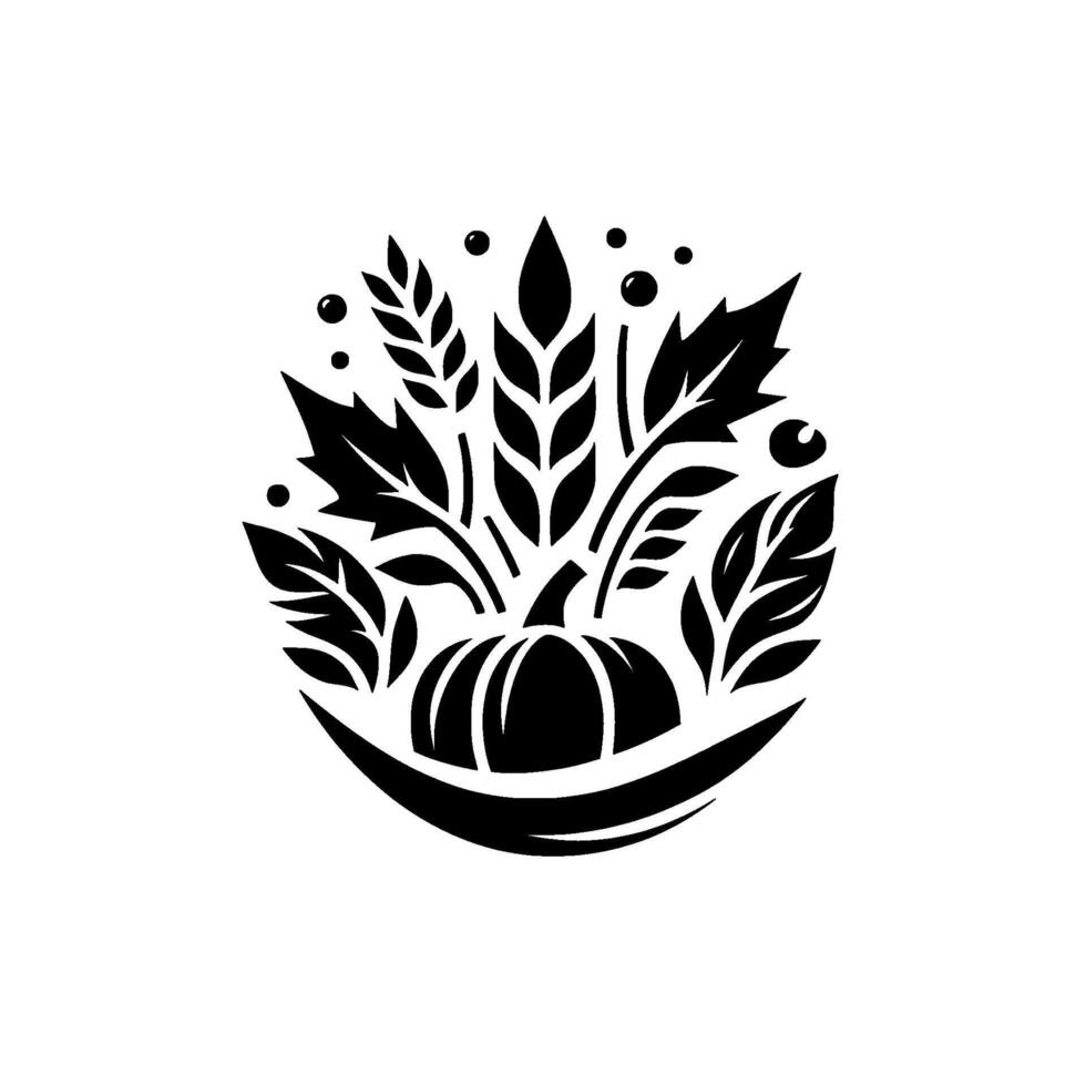 Elegant black and white harvest illustration a stylized pumpkin, wheat, and leaves in a circular composition, embodying the essence of autumn. vector