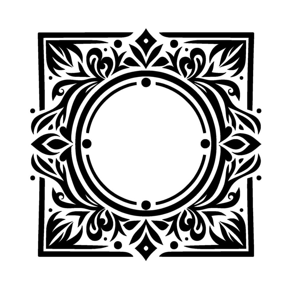 Intricate black and white decorative frame square border with floral, swirl, and geometric elements encircling a blank circle. vector