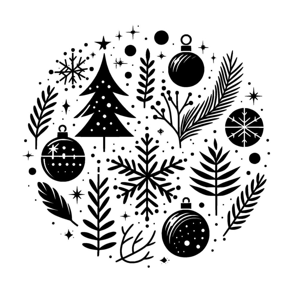 A minimalist monochrome christmas design, circular composition of stylized ornaments, snowflakes, and festive flora evoking a joyful winter ambiance. vector