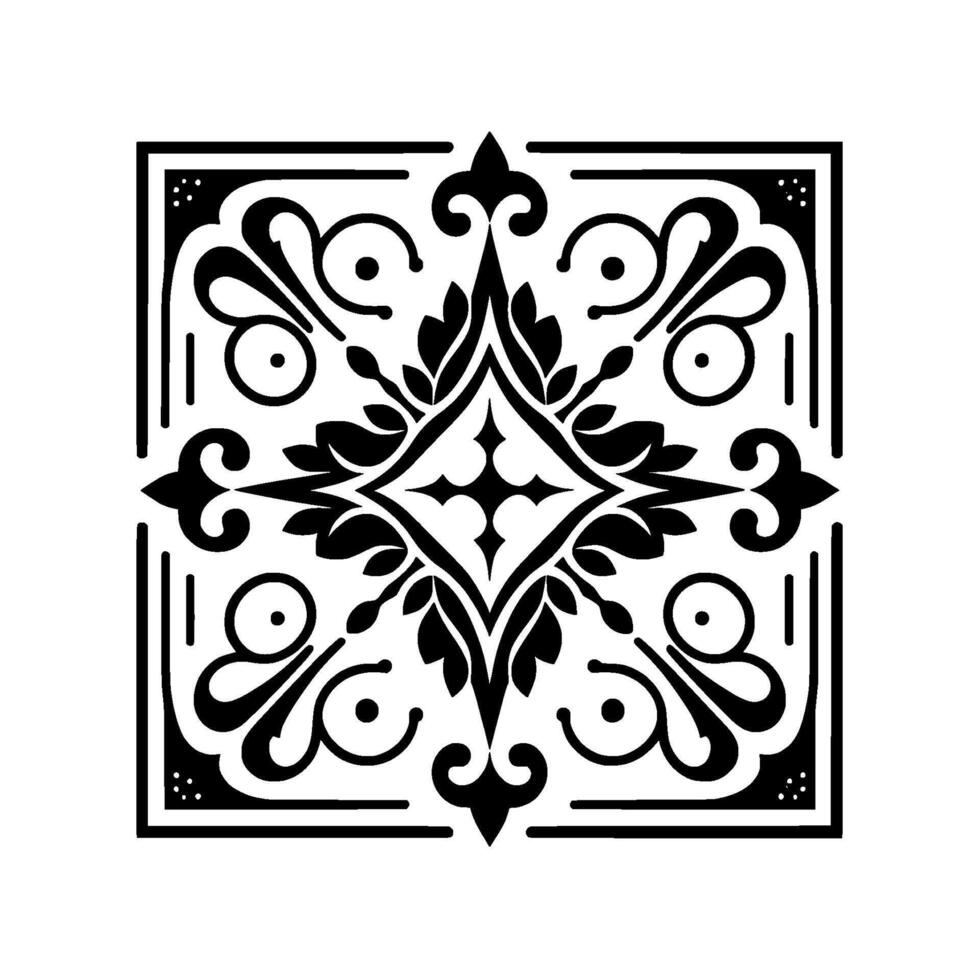 Symmetrical black and white floral ornament intricate geometric featuring swirling leaves, circles, and a central diamond shape inside a square frame. vector