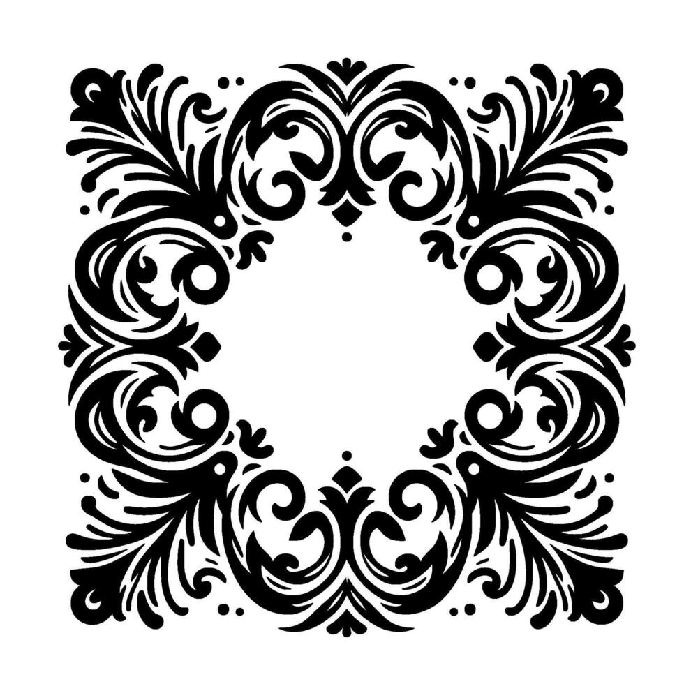 Ornate black floral frame in square composition, symmetrical baroque on white, decorative elements. vector