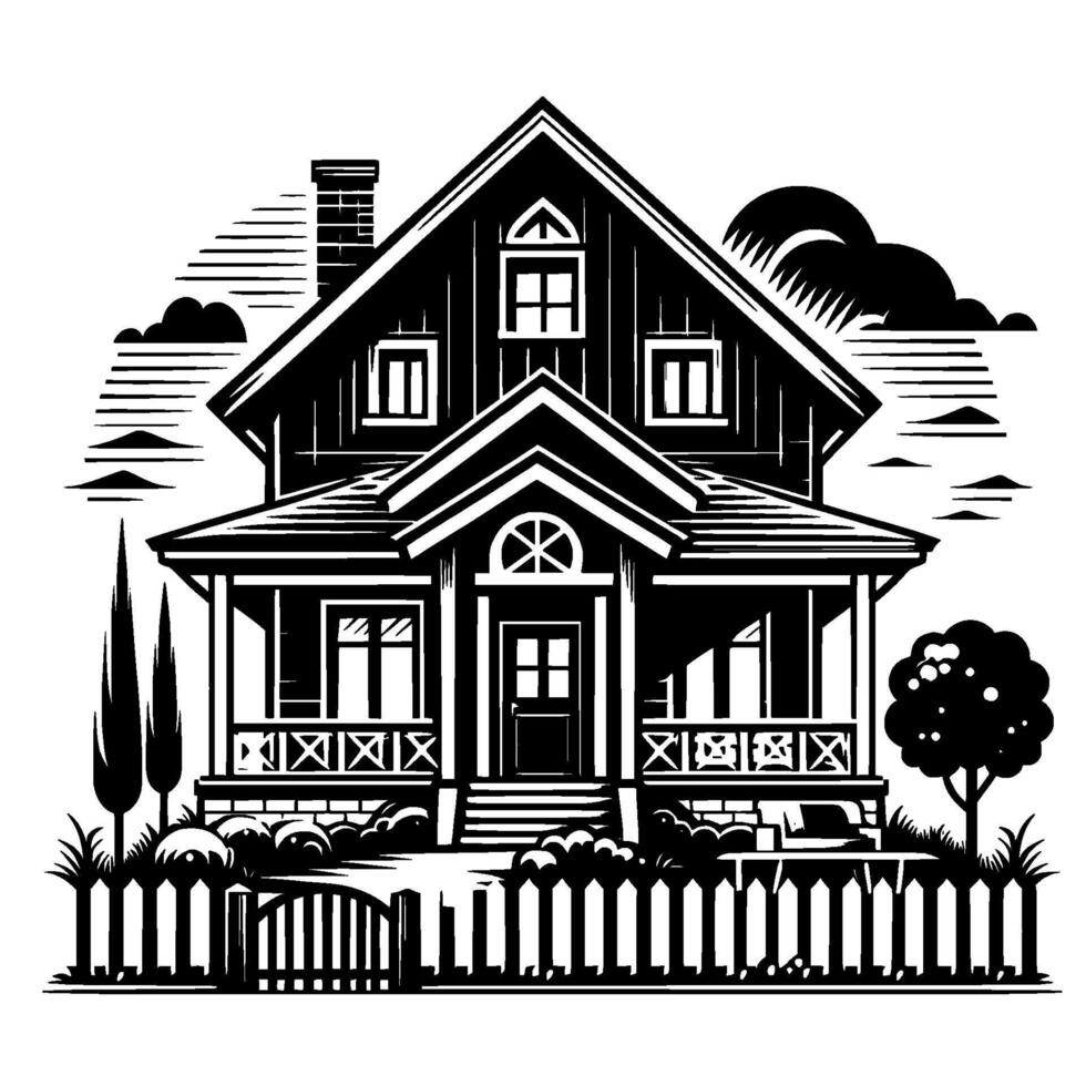 A symmetrical, woodcutstyle illustration of a twostory house with a porch, set behind a picket fence, with trees, clouds, and sunlight. vector