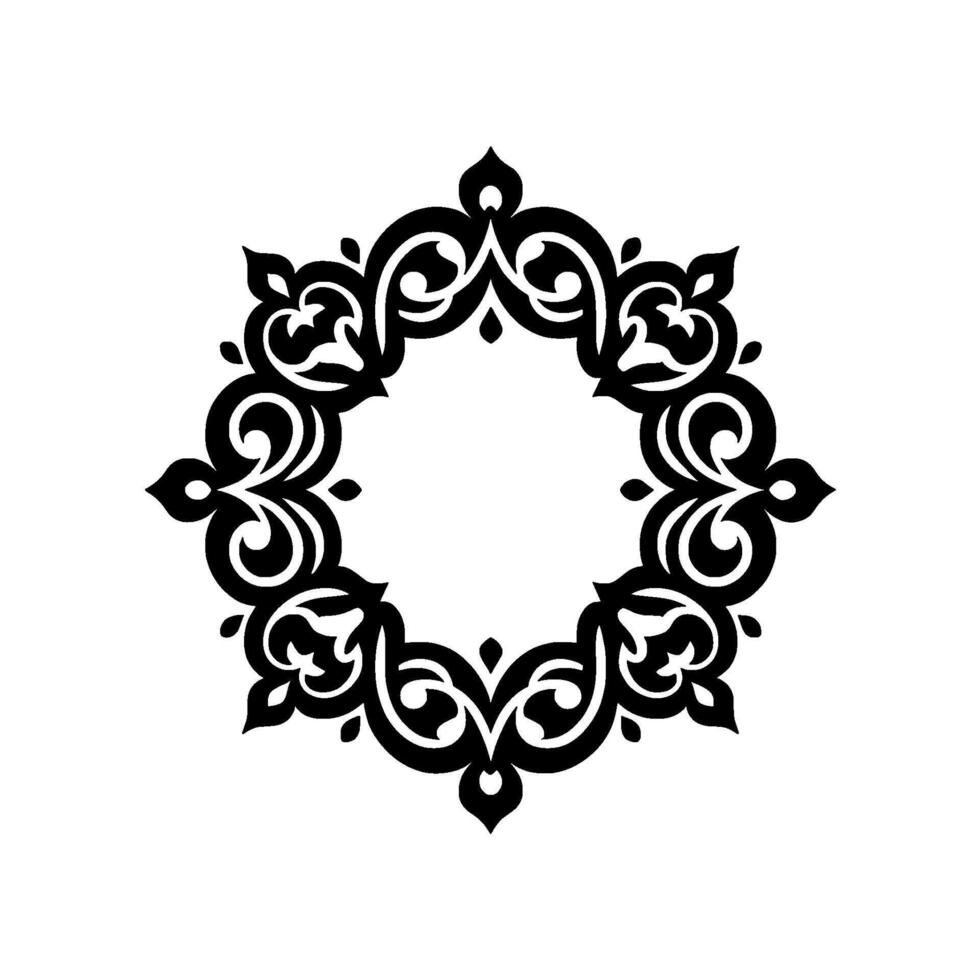 Intricate black floral frame in a symmetrical arrangement on a white background, circular design. vector