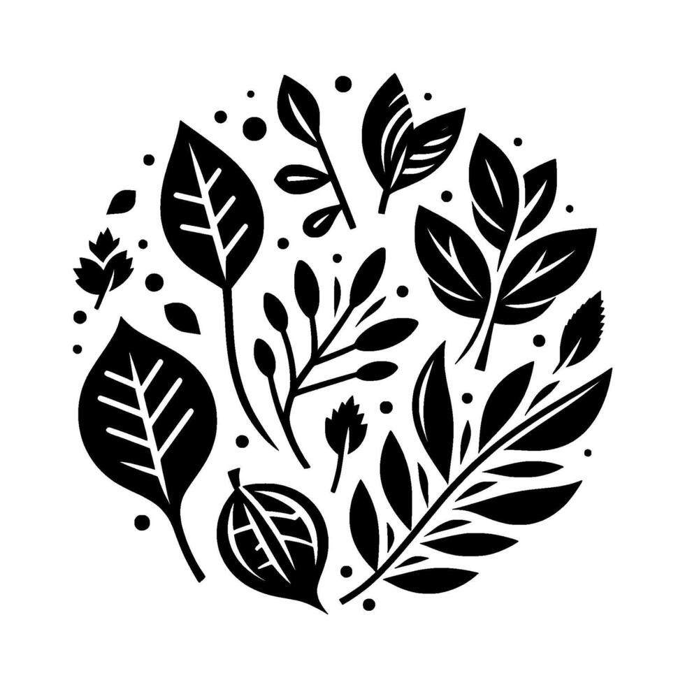 A stylized, monochromatic botanical illustration features an arrangement of various leaves and sprigs in a circular formation, with small dot accents. vector