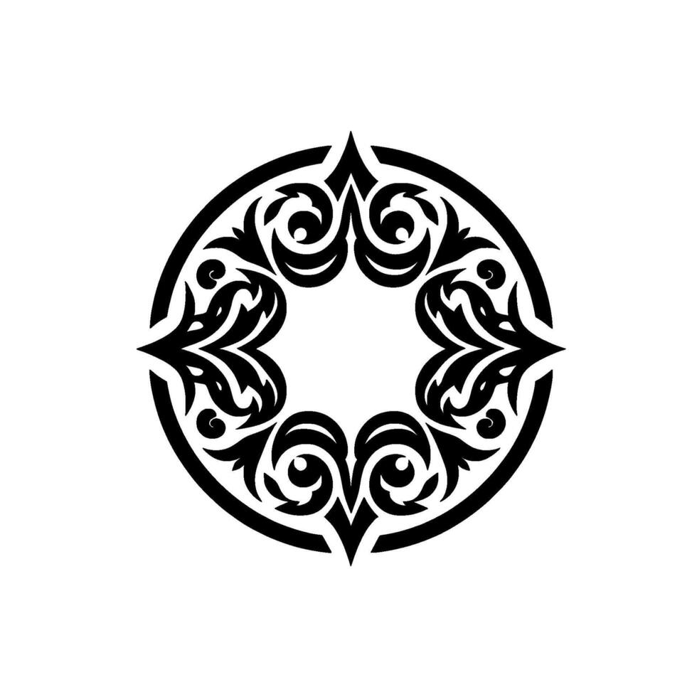 A symmetrical, black and white ornamental design, a circular arrangement of stylized floral elements within a framed circle. vector
