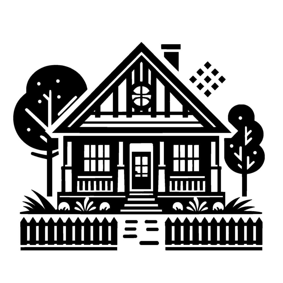 Stylized black and white illustration of a cozy house with trees, a fence, and geometric accents, depicting a serene, minimalist landscape. vector