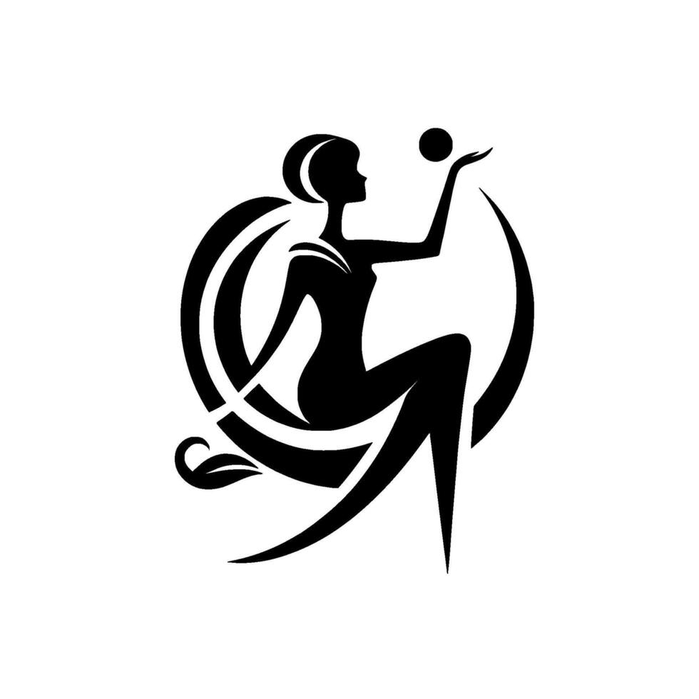 Elegant black silhouette of a woman in motion, balancing a sphere, embedded in stylized geometric elements, graceful and modern design. vector