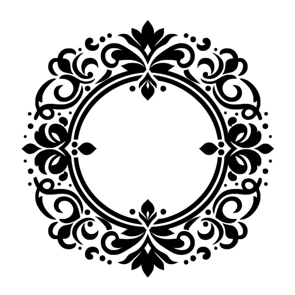 Elegant black and white circular ornament with floral and swirl motifs, perfect for decorative designs on invitation cards, logos, and various applications. vector