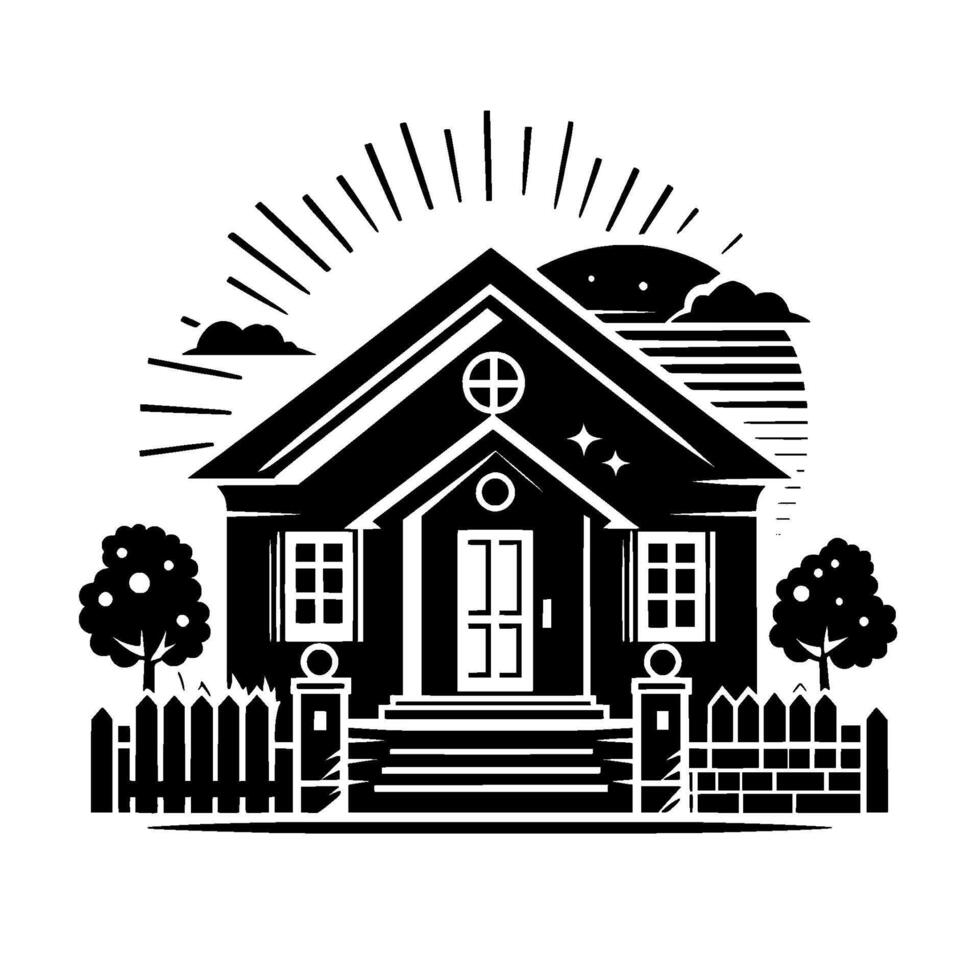 A minimalist, black and white illustration of a cozy suburban home at dusk, framed by trees and a fence, illuminated by a stylized sun. vector