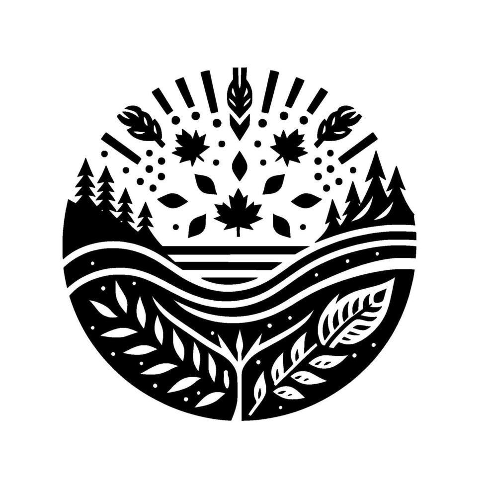 A minimalist nature emblem stylized forest and foliage elements, including maple leaves, trees, and flowing lines, forming a blackandwhite circular design. vector