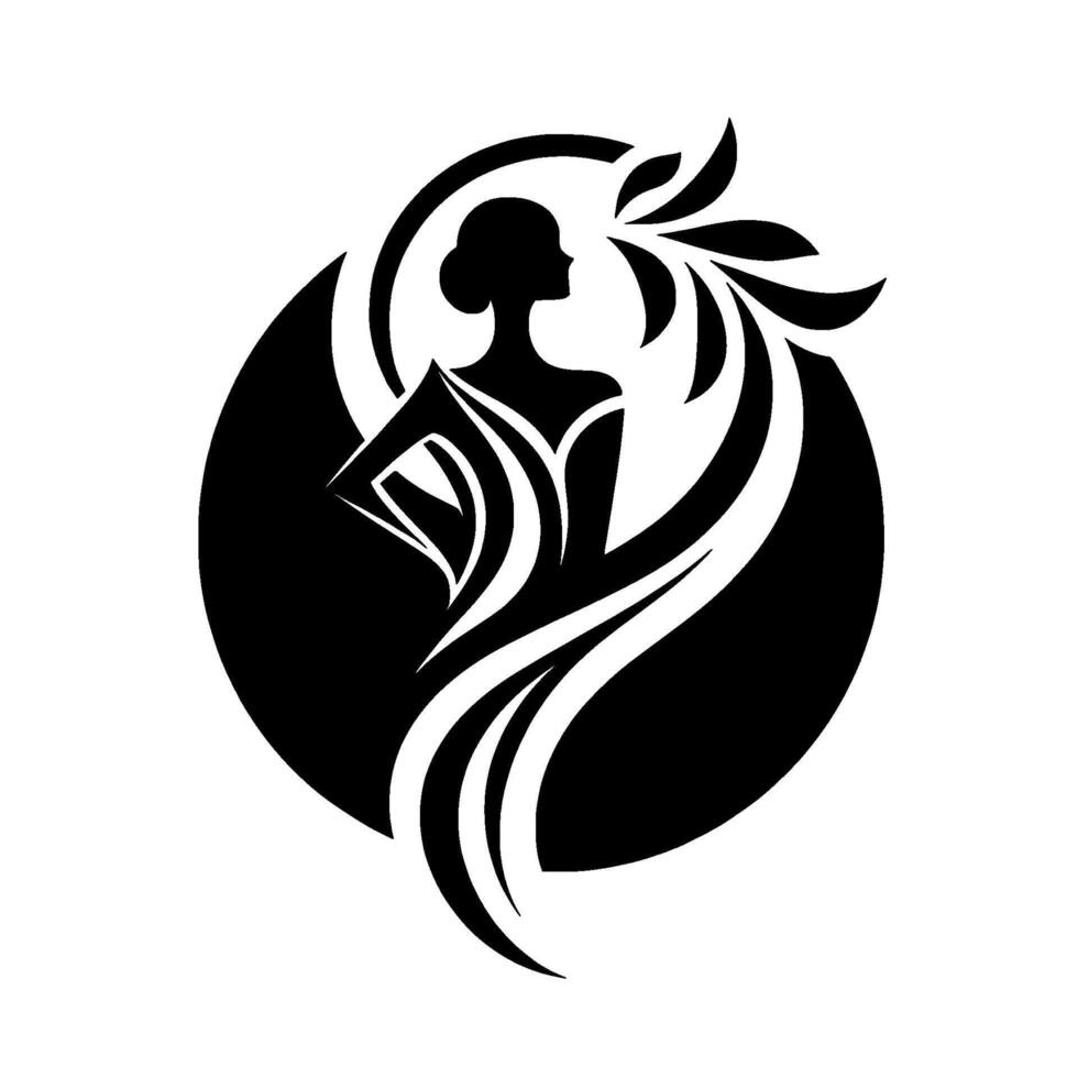 Elegant silhouette of a woman in a flowing gown, evoking grace and natural beauty with leafy accents, within a circular black white composition. vector